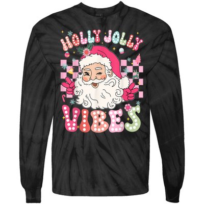 Women Groovy Cute Christmas Santa Claus Holly Jolly Vibes Xmas Gift Tie-Dye Long Sleeve Shirt