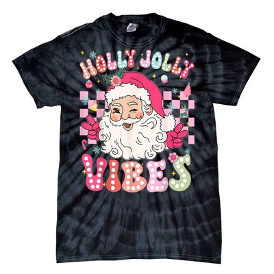 Women Groovy Cute Christmas Santa Claus Holly Jolly Vibes Xmas Gift Tie-Dye T-Shirt