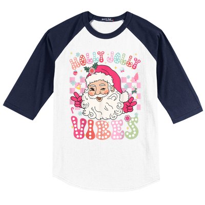 Women Groovy Cute Christmas Santa Claus Holly Jolly Vibes Xmas Gift Baseball Sleeve Shirt