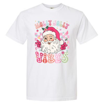 Women Groovy Cute Christmas Santa Claus Holly Jolly Vibes Xmas Gift Garment-Dyed Heavyweight T-Shirt