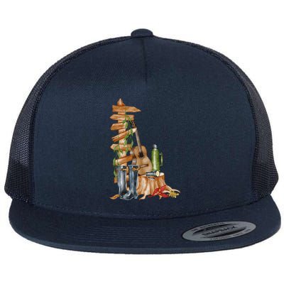 Watercolor Guidepost Camping Crew Road Trip Gift Flat Bill Trucker Hat