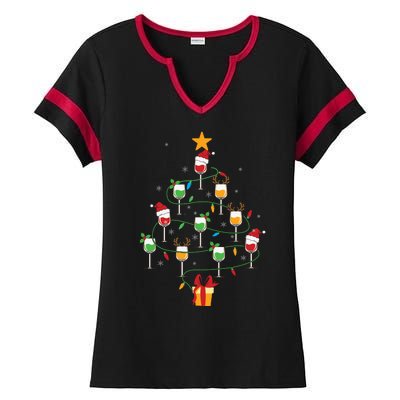 Wine Glasses Christmas Tree Santa Hat Funny Xmas Light Ladies Halftime Notch Neck Tee