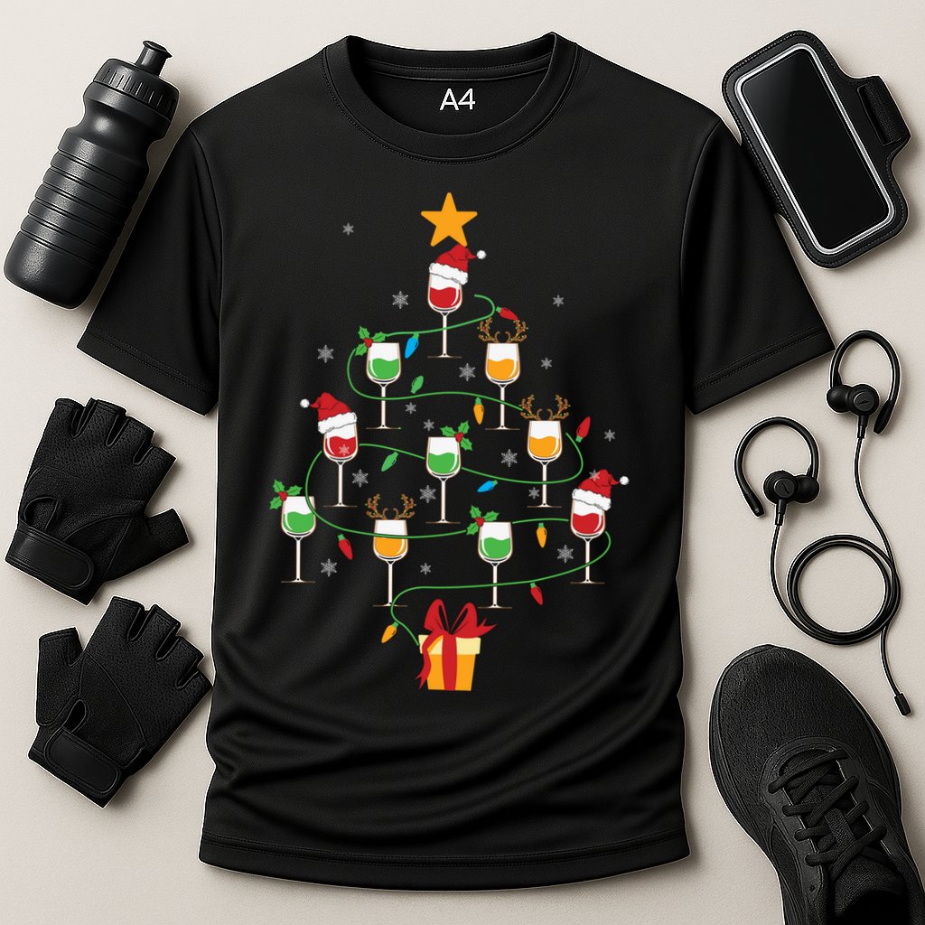 Wine Glasses Christmas Tree Santa Hat Funny Xmas Light Performance Shirt