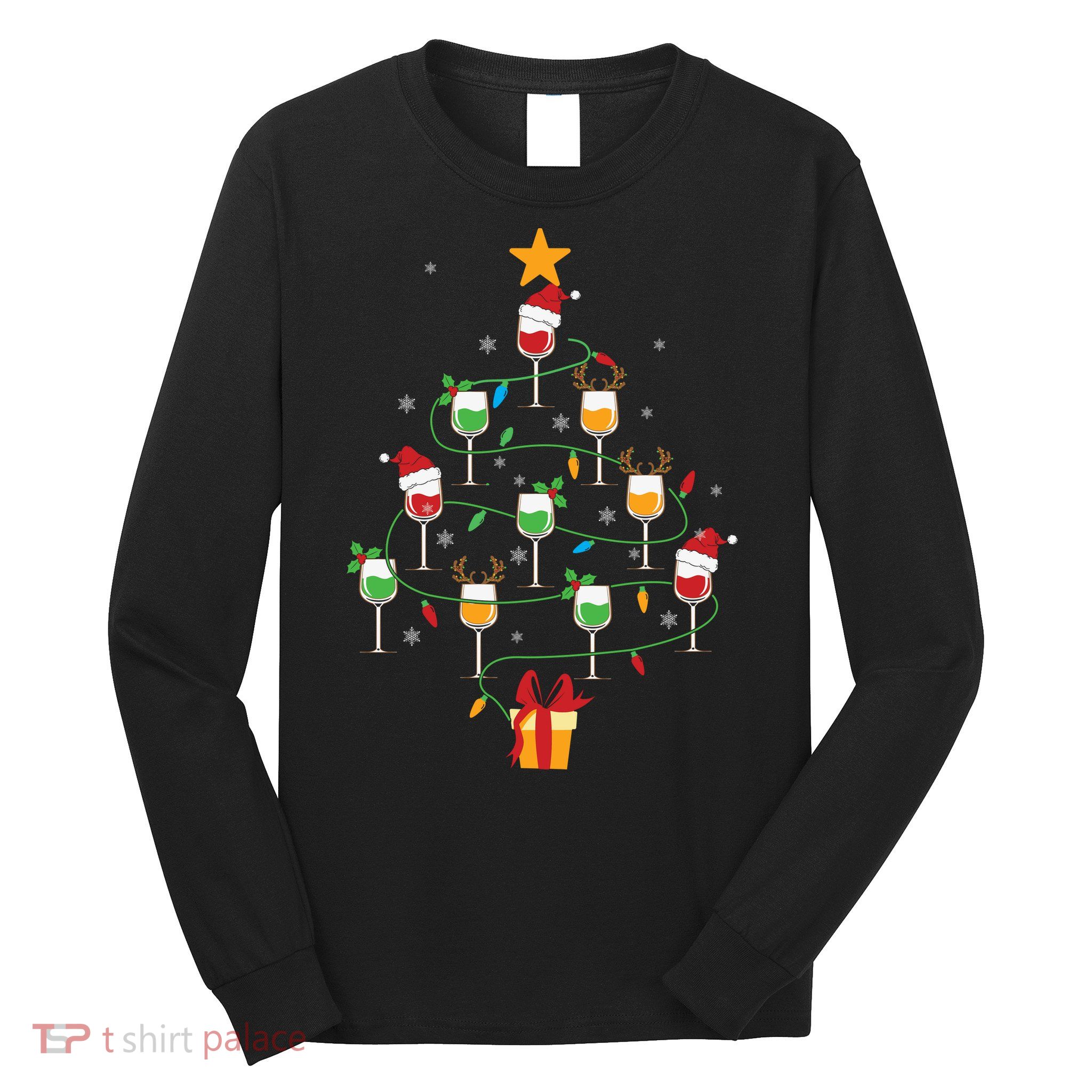 Wine Glasses Christmas Tree Santa Hat Funny Xmas Light Long Sleeve Shirt
