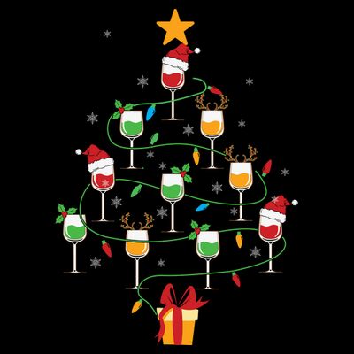 Wine Glasses Christmas Tree Santa Hat Funny Xmas Light T-Shirt