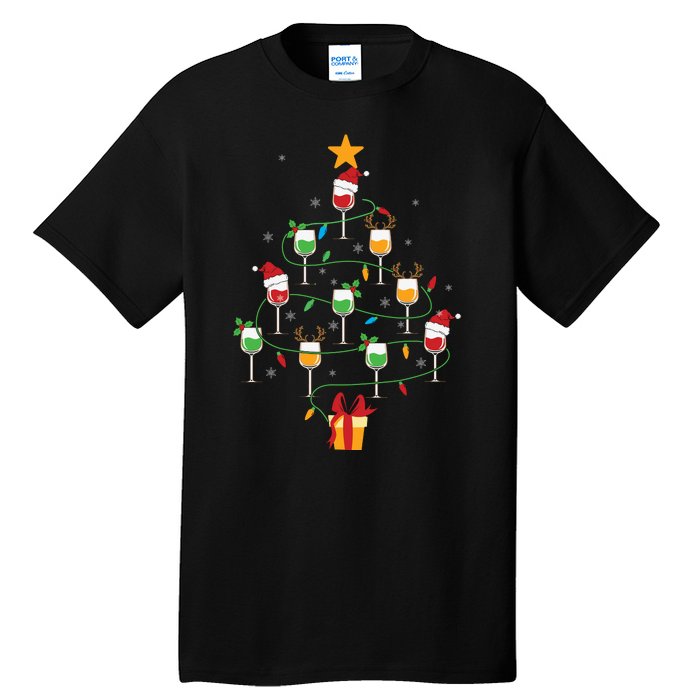 Wine Glasses Christmas Tree Santa Hat Funny Xmas Light Tall T-Shirt