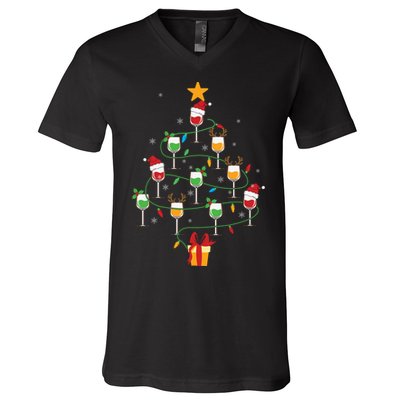 Wine Glasses Christmas Tree Santa Hat Funny Xmas Light V-Neck T-Shirt