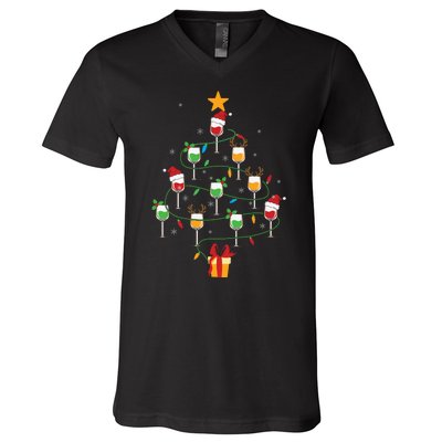 Wine Glasses Christmas Tree Santa Hat Funny Xmas Light V-Neck T-Shirt