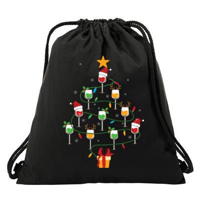 Wine Glasses Christmas Tree Santa Hat Funny Xmas Light Drawstring Bag