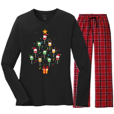 Wine Glasses Christmas Tree Santa Hat Funny Xmas Light Women's Long Sleeve Flannel Pajama Set 