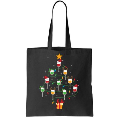 Wine Glasses Christmas Tree Santa Hat Funny Xmas Light Tote Bag