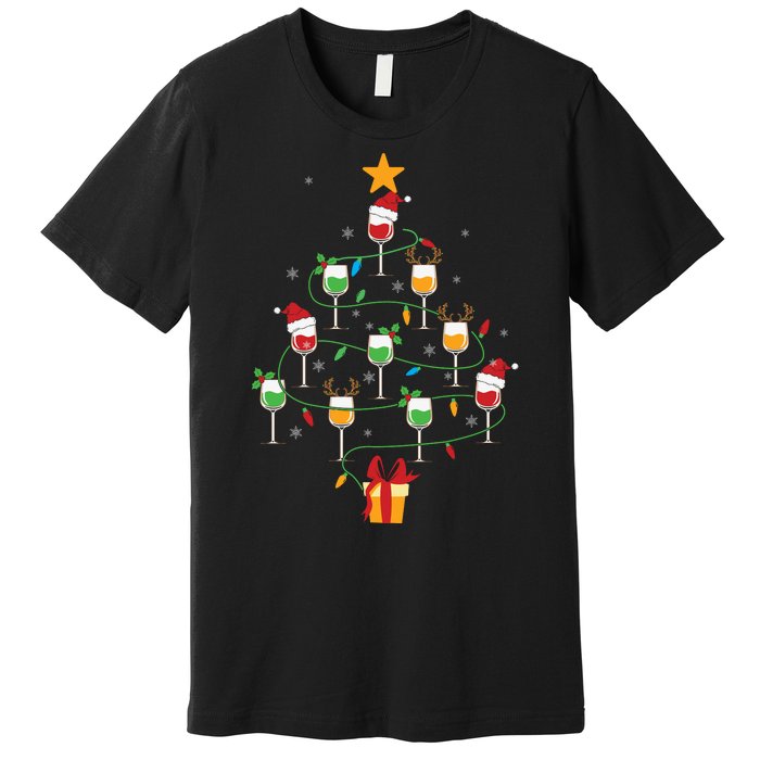 Wine Glasses Christmas Tree Santa Hat Funny Xmas Light Premium T-Shirt