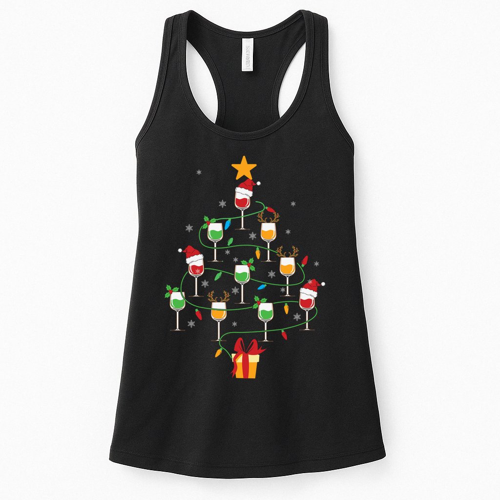 Wine Glasses Christmas Tree Santa Hat Funny Xmas Light Womens Tank Top