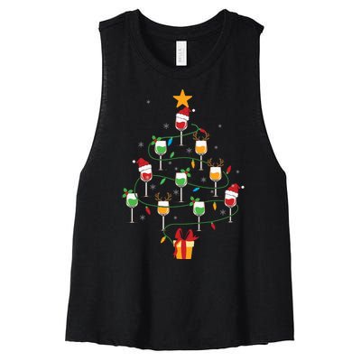 Wine Glasses Christmas Tree Santa Hat Funny Xmas Light Women's Racerback Cropped Tank