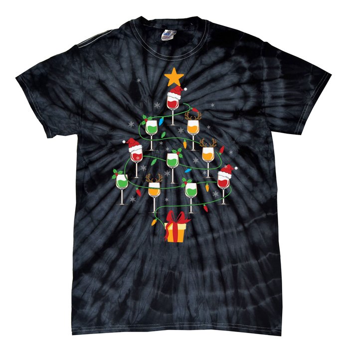 Wine Glasses Christmas Tree Santa Hat Funny Xmas Light Tie-Dye T-Shirt