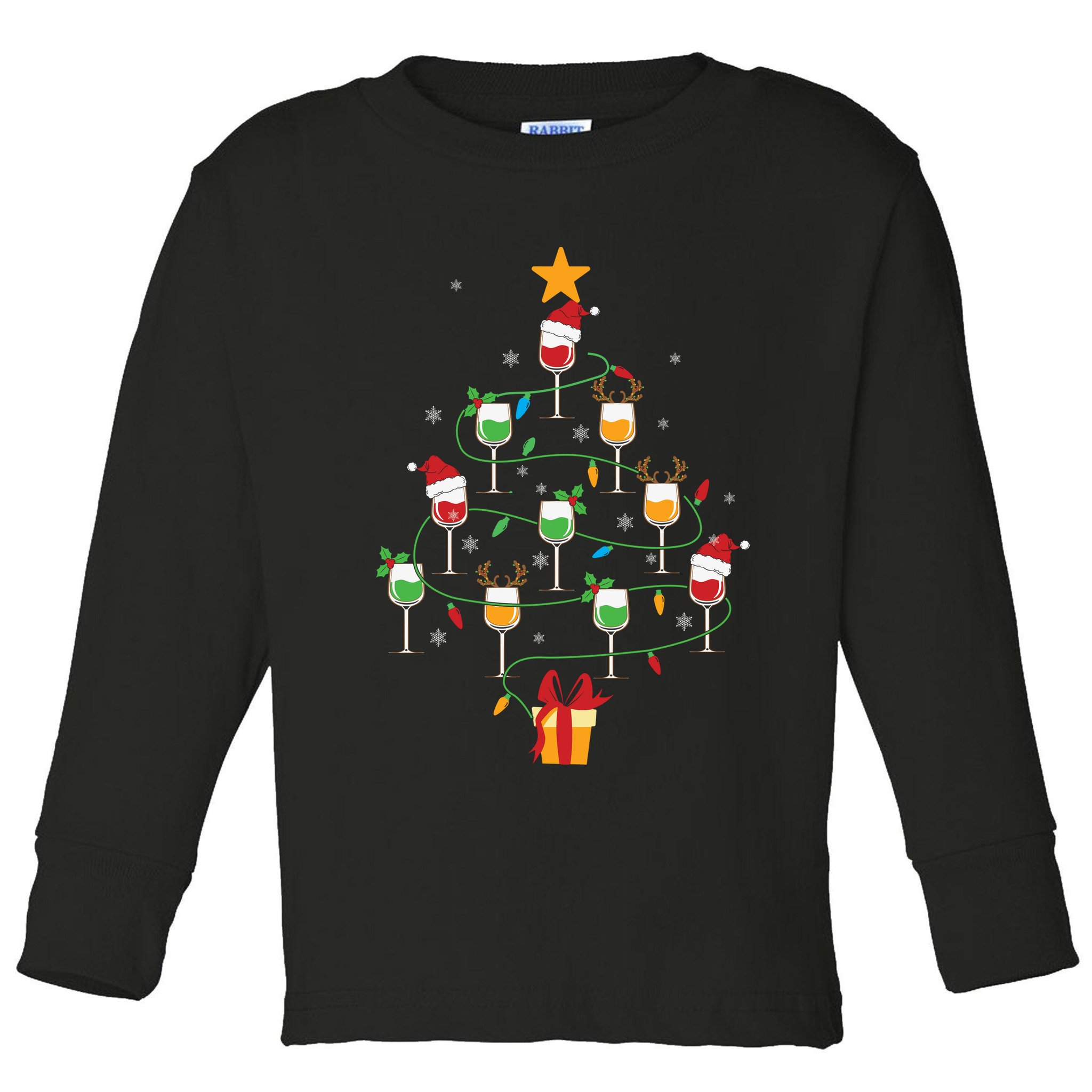 Wine Glasses Christmas Tree Santa Hat Funny Xmas Light Toddler Long Sleeve Shirt