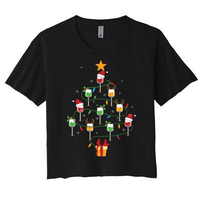 Wine Glasses Christmas Tree Santa Hat Funny Xmas Light Women's Crop Top Tee