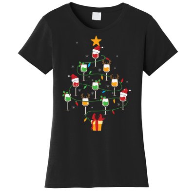 Wine Glasses Christmas Tree Santa Hat Funny Xmas Light Women's T-Shirt