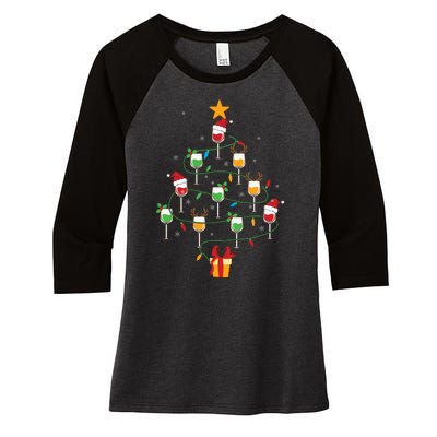 Wine Glasses Christmas Tree Santa Hat Funny Xmas Light Women's Tri-Blend 3/4-Sleeve Raglan Shirt