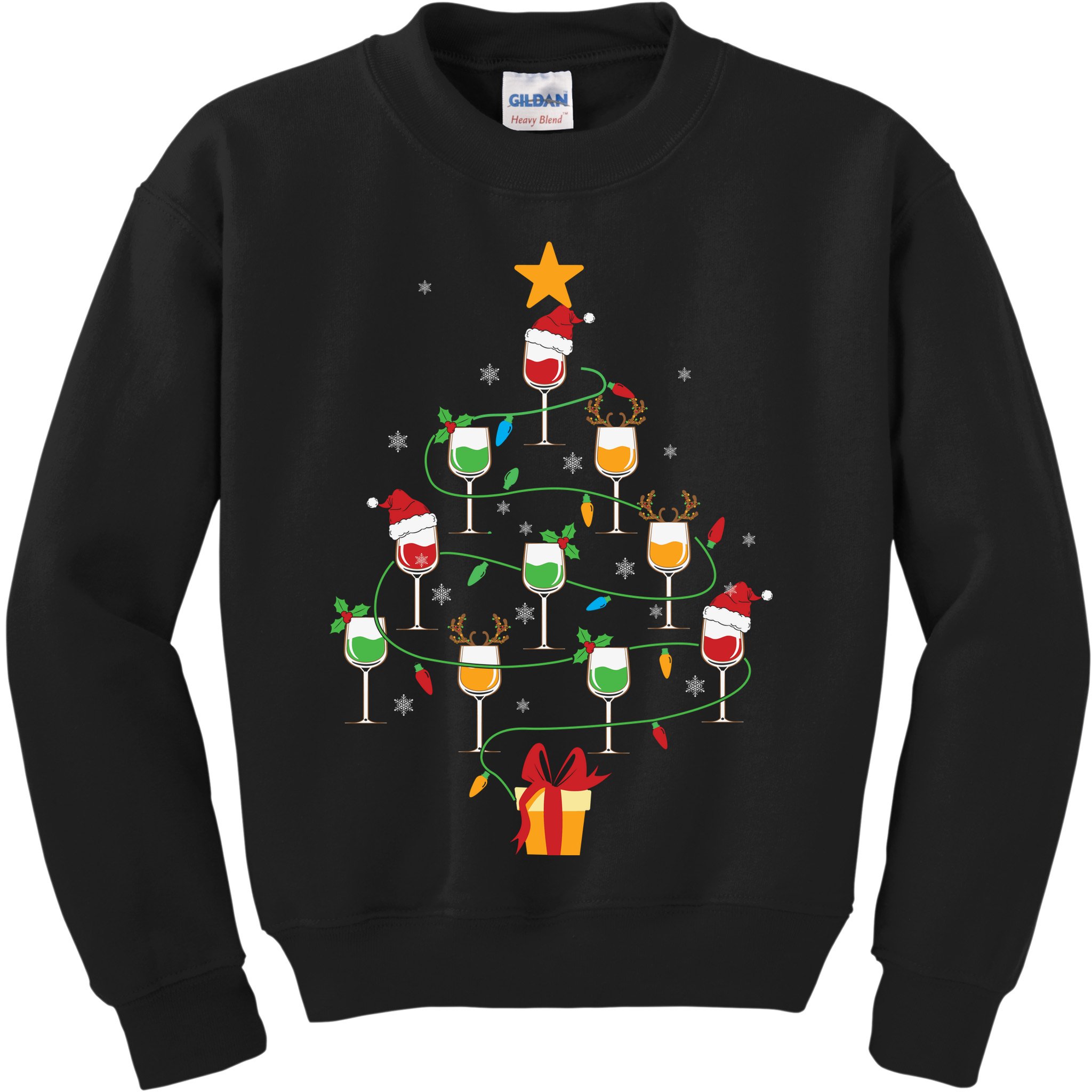 Wine Glasses Christmas Tree Santa Hat Funny Xmas Light Kids Sweatshirt