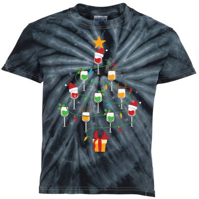 Wine Glasses Christmas Tree Santa Hat Funny Xmas Light Kids Tie-Dye T-Shirt