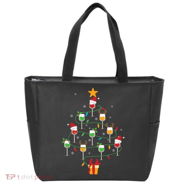 Wine Glasses Christmas Tree Santa Hat Funny Xmas Light Zip Tote Bag