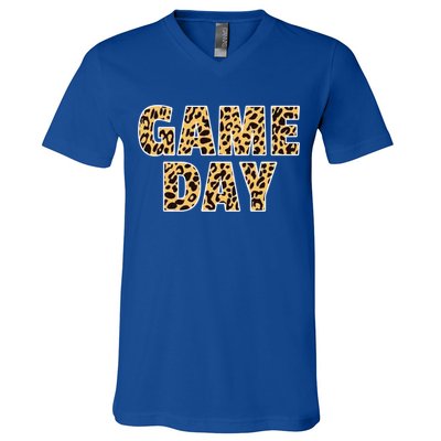 Wo Game Day Leopard Football Mother Wife Friend Gift V-Neck T-Shirt