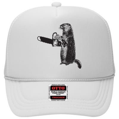 Woodchuck Groundhog Day Could Chainsaw Wood High Crown Mesh Back Trucker Hat