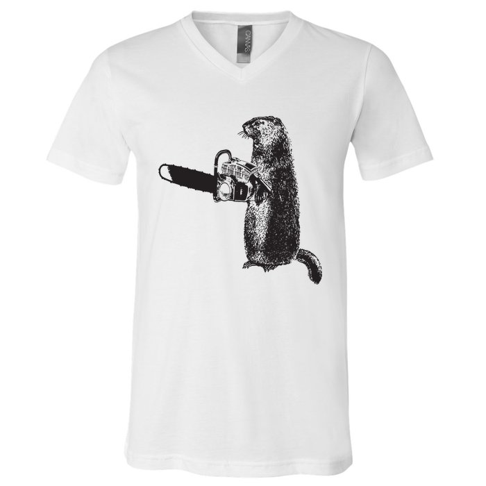 Woodchuck Groundhog Day Could Chainsaw Wood V-Neck T-Shirt