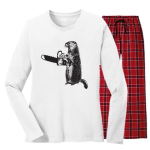 Woodchuck Groundhog Day Could Chainsaw Wood Women's Long Sleeve Flannel Pajama Set 