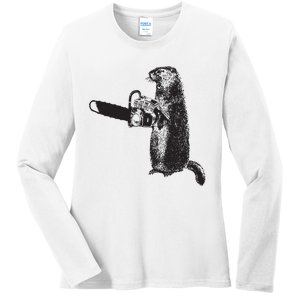 Woodchuck Groundhog Day Could Chainsaw Wood Ladies Long Sleeve Shirt