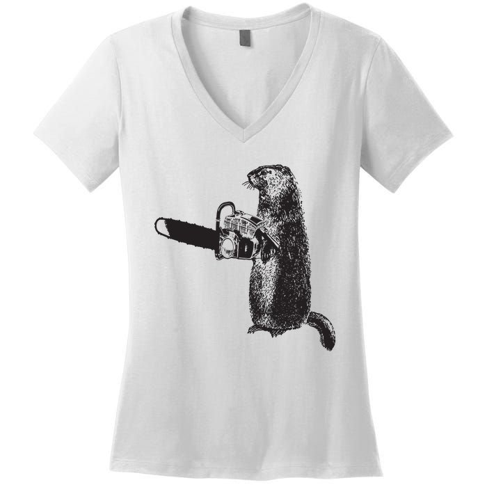 Woodchuck Groundhog Day Could Chainsaw Wood Women's V-Neck T-Shirt