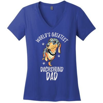 Worlds Greatest Dachshund Dad Funny Dog Papa Wiener Lover Gift Women's V-Neck T-Shirt