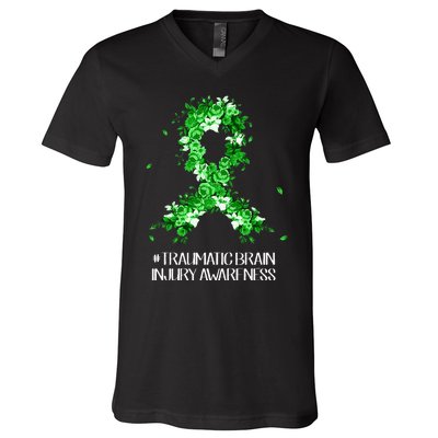 Wear Green Flower Ribbon Traumatic Brain Injury Awareness V-Neck T-Shirt