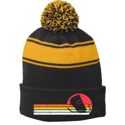 Welder Gifts Funny Retro Vintage Welding Helmet Silhouette Welder Gifts Funny Re Stripe Pom Pom Beanie