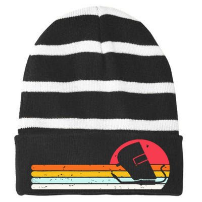 Welder Gifts Funny Retro Vintage Welding Helmet Silhouette Welder Gifts Funny Re Striped Beanie with Solid Band