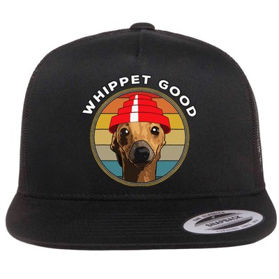 Whippet Good Funny 80s Music Dog Design Flat Bill Trucker Hat