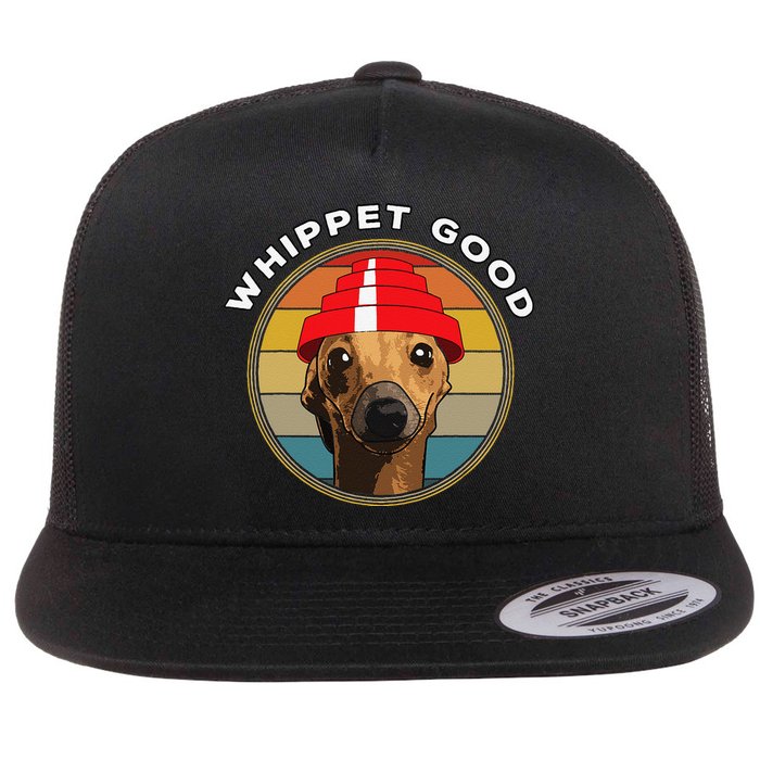 Whippet Good Funny 80s Music Dog Design Flat Bill Trucker Hat