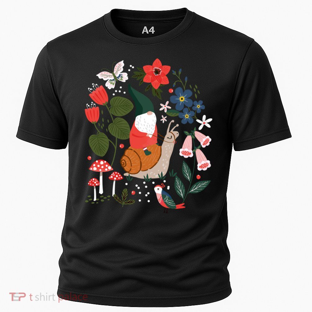 Whimsical Garden Gnome Riding Snail Performance Shirt