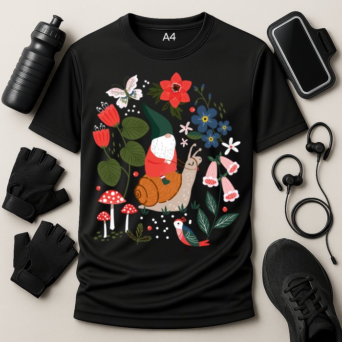 Whimsical Garden Gnome Riding Snail Cooling Performance Crew T-Shirt