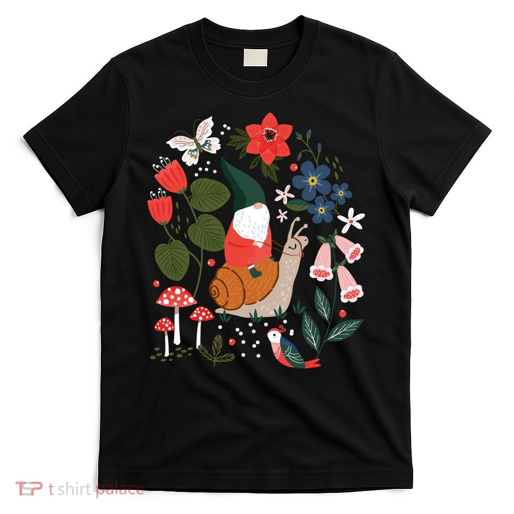 Whimsical Garden Gnome Riding Snail T-Shirt