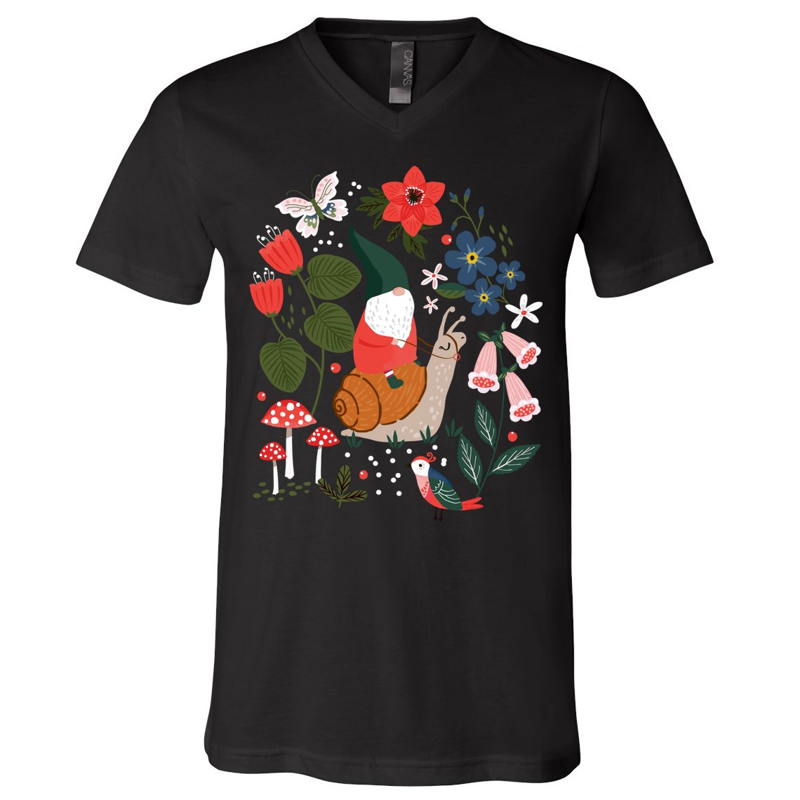 Whimsical Garden Gnome Riding Snail V-Neck T-Shirt