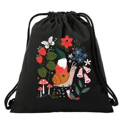 Whimsical Garden Gnome Riding Snail Drawstring Bag