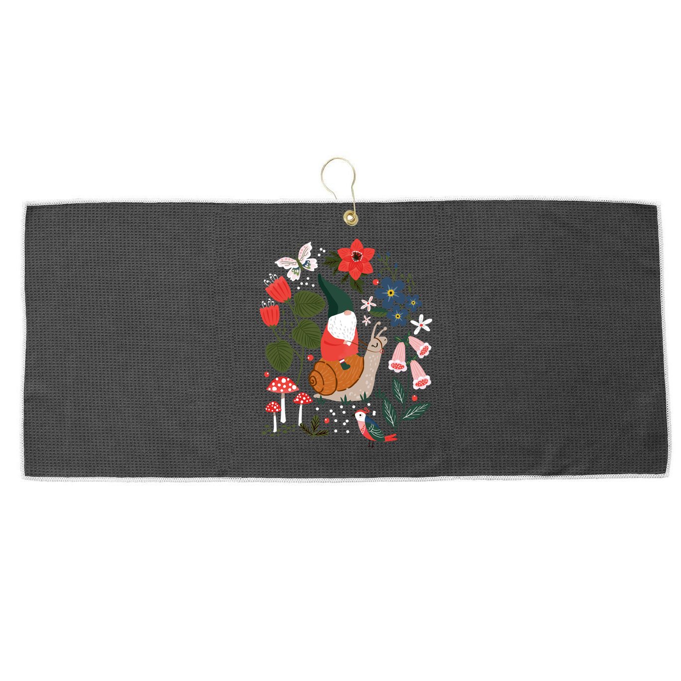 Whimsical Garden Gnome Riding Snail Large Microfiber Waffle Golf Towel