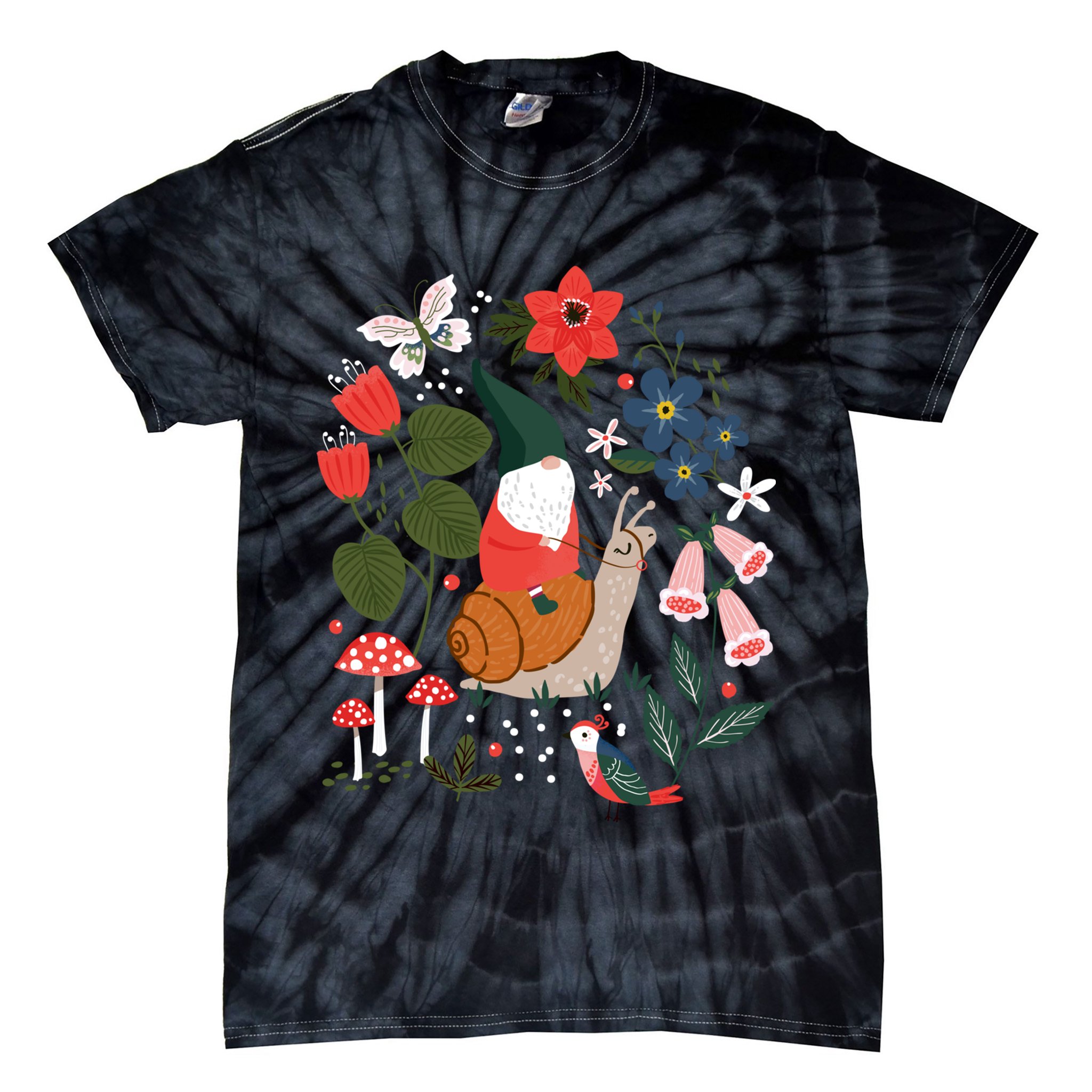 Whimsical Garden Gnome Riding Snail Tie-Dye T-Shirt