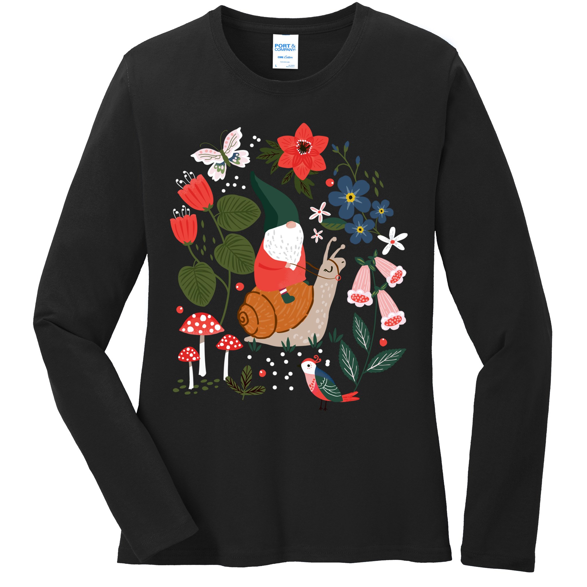 Whimsical Garden Gnome Riding Snail Ladies Long Sleeve Shirt