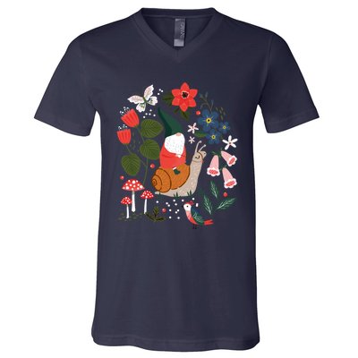 Whimsical Garden Gnome Riding Snail V-Neck T-Shirt