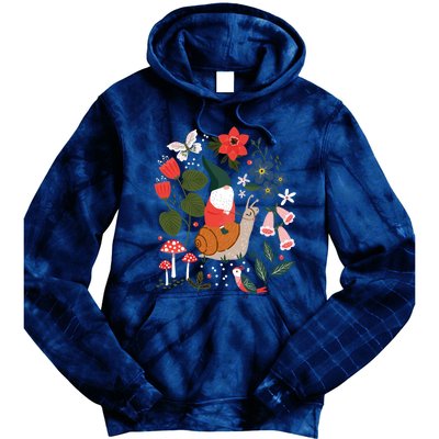 Whimsical Garden Gnome Riding Snail Tie Dye Hoodie