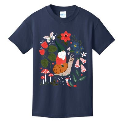 Whimsical Garden Gnome Riding Snail Kids T-Shirt