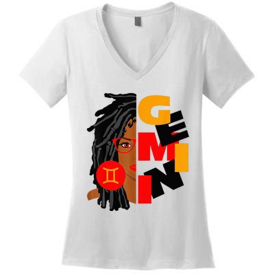 Womens Gemini Girl Afro Locs Girl Zodiac Signs Birthday Women's V-Neck T-Shirt